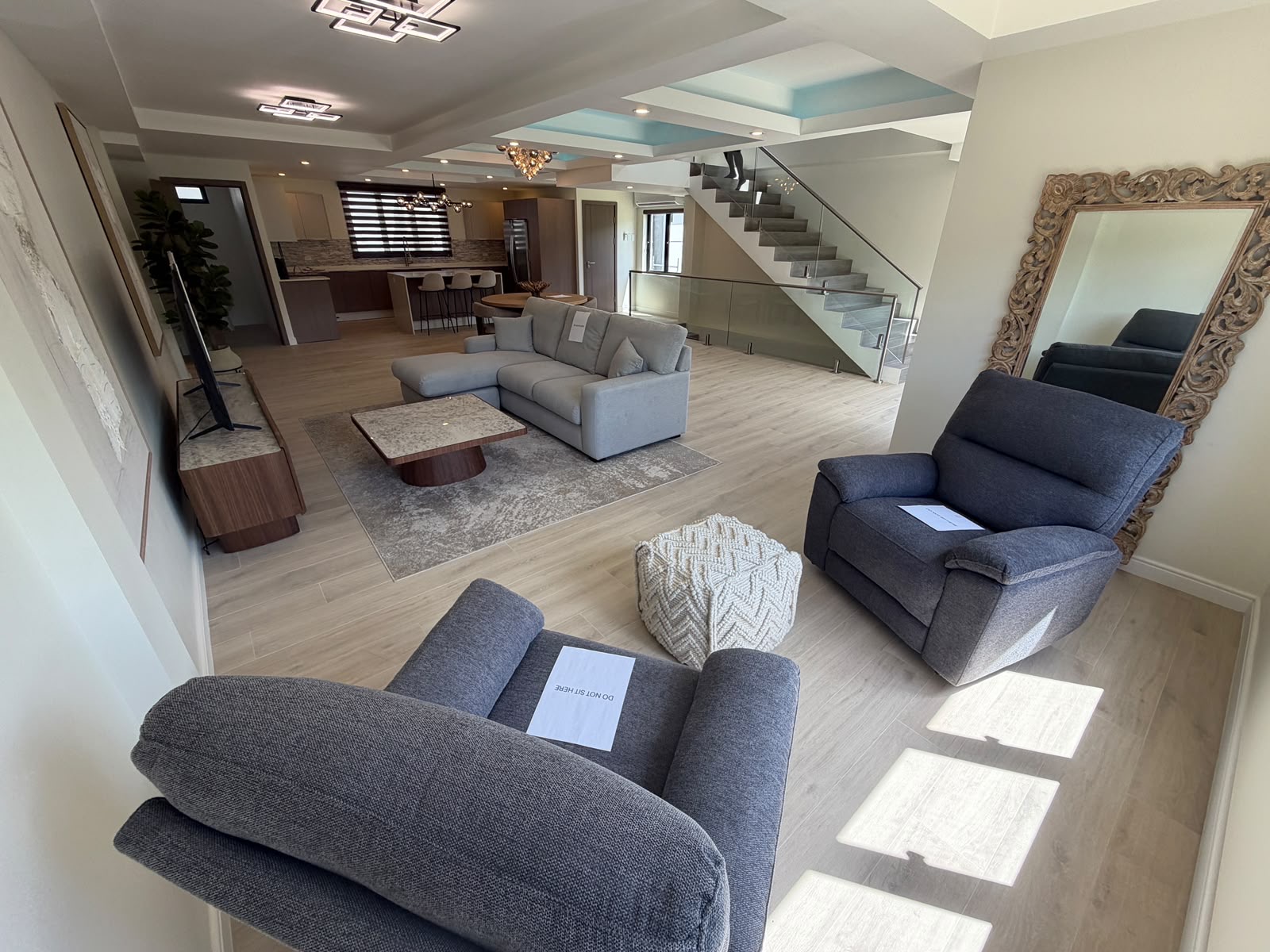 Spacious living room with garden views