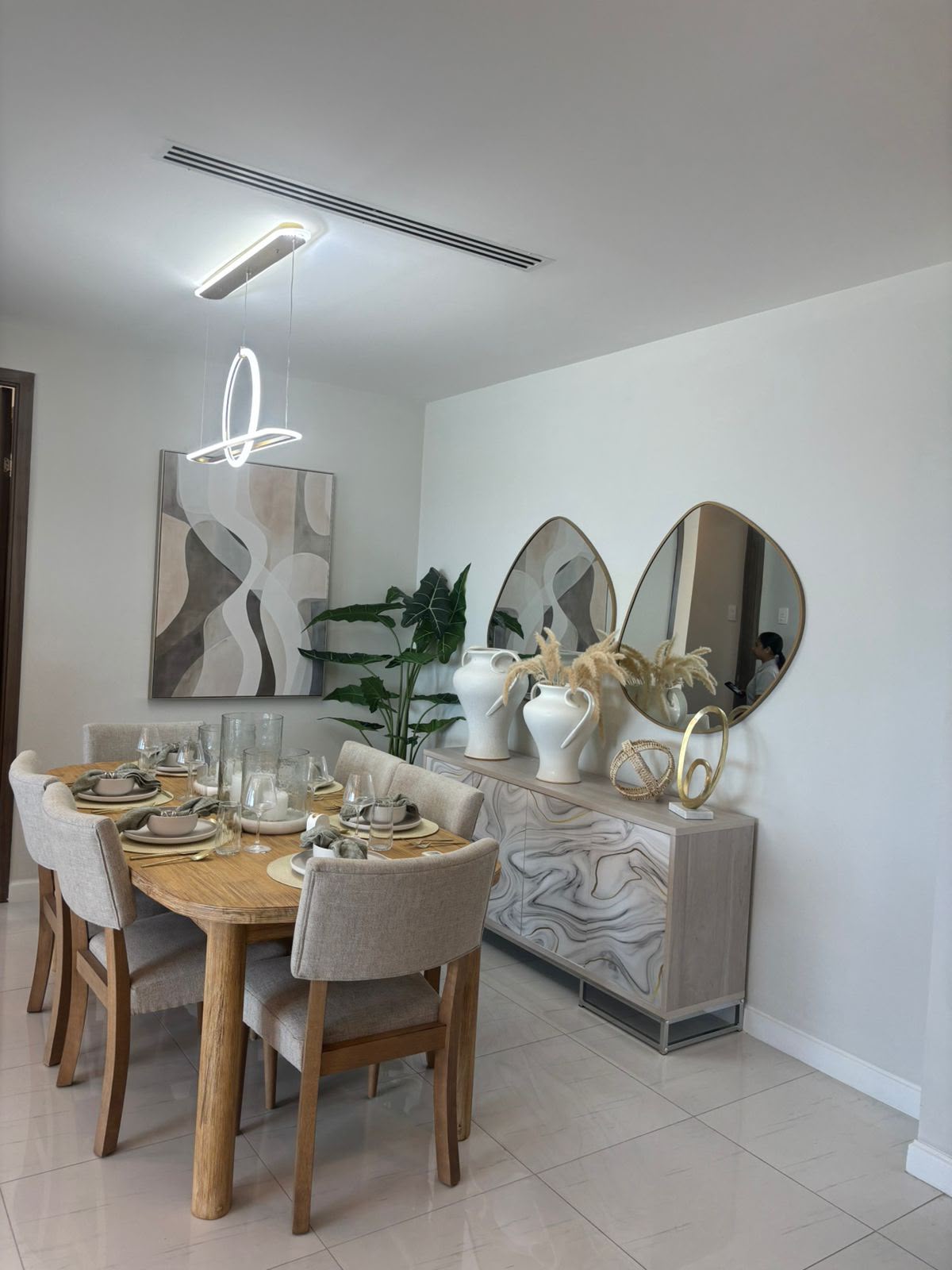 Dining area with designer lighting
